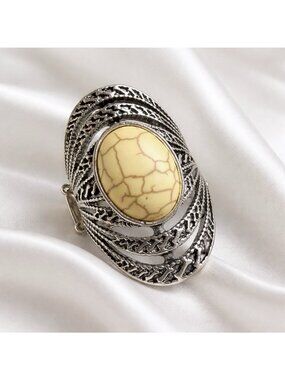 Stretch Band Ring Howlite Stone Silver Tone Adjustable Wide Statement Ring